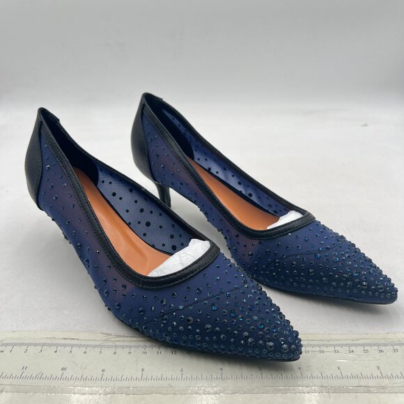 XYD Navy Pointed Toe Slip On Mesh Pumps Rhinestone Studs Comfy Kitten Heels Shoe - Picture 4 of 8